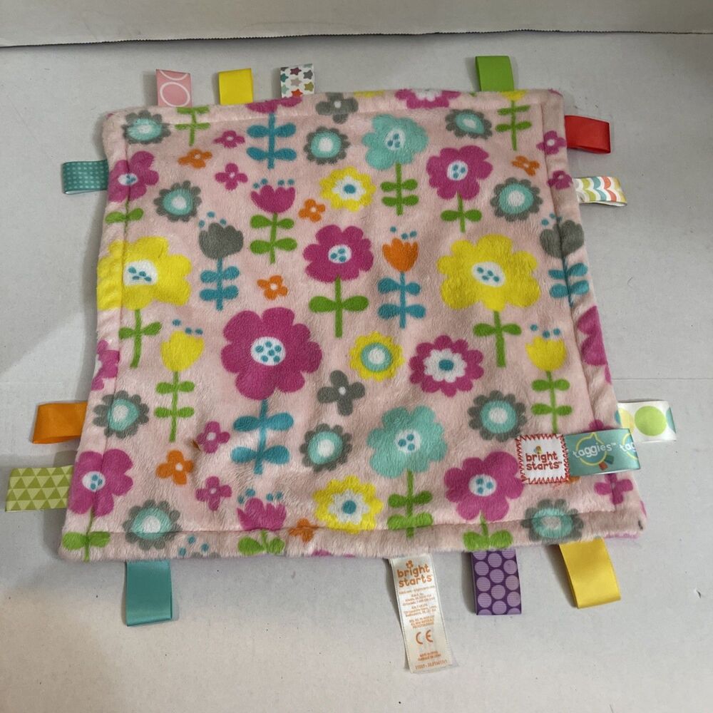 Bright Starts Taggies Pink Floral Infant Security Blanket Sensory Toy 12"